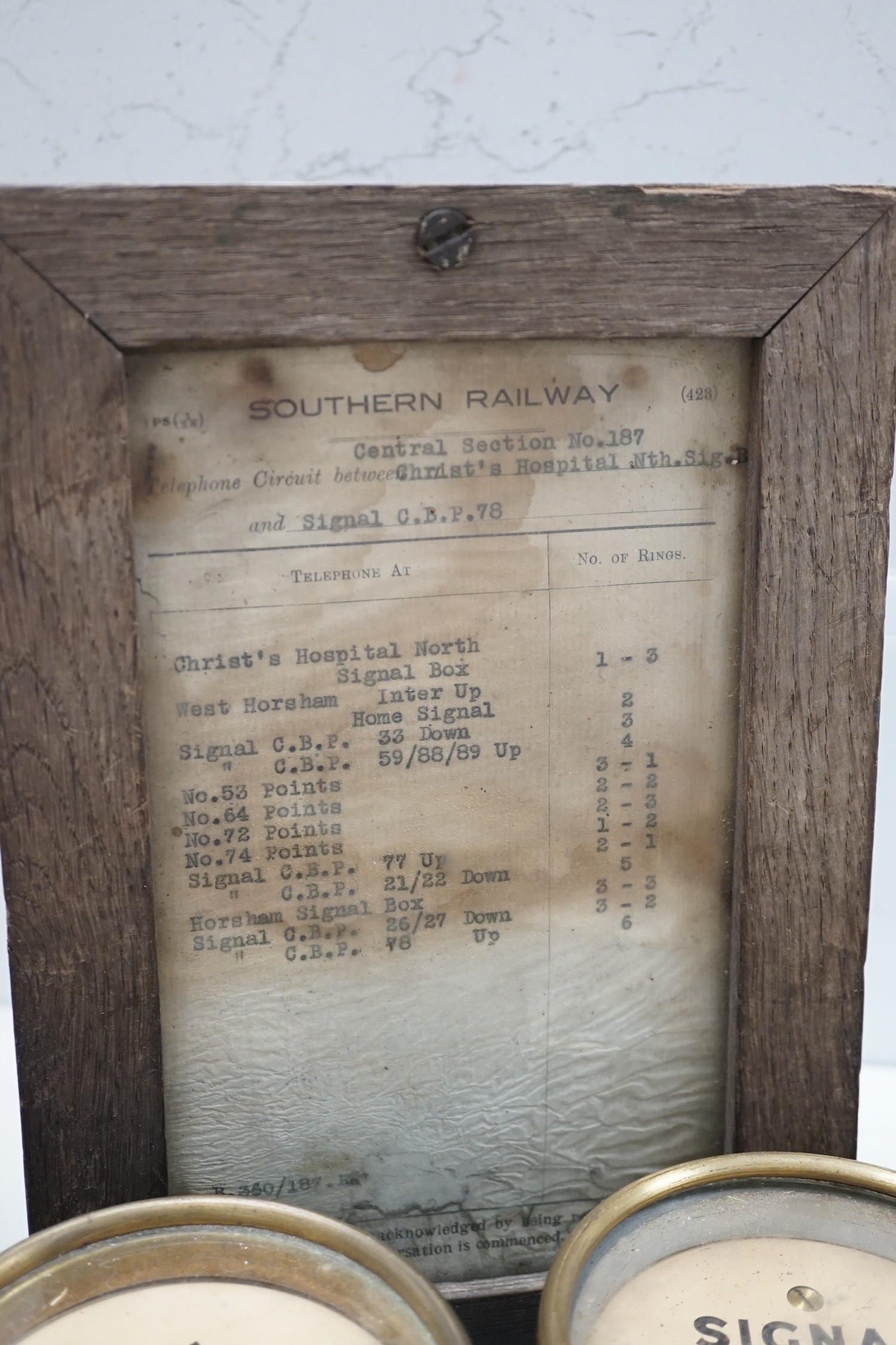 Eight Sykes type brass cased signal box repeaters